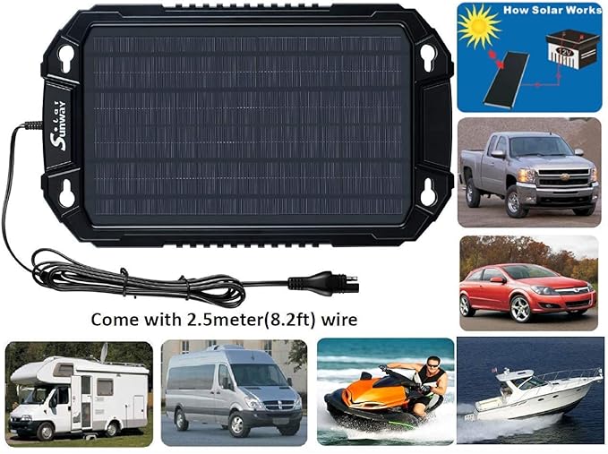 Sunway Solar Car Battery Trickle Charger & Maintainer 12Volt 8W Solar Panel Power Charger kit Portable Waterproof for Automotive RV Marine Boat Truck Motorcycle Trailer Tractor Powersports Snowmobile
