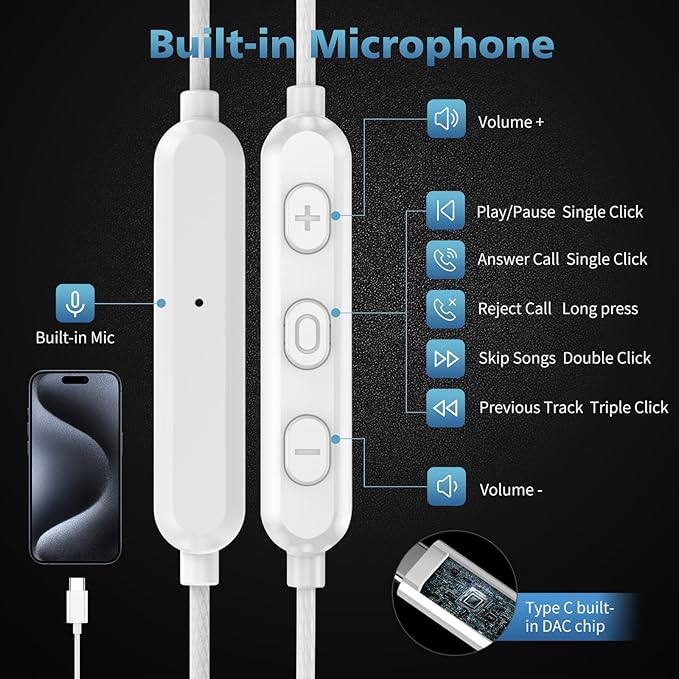 USB C Earbuds with Mic for iPhone 17 16e 16 15, Type C in-Ear Wired Headphones Volume Control Noise Isolation Sport Headset for iPad Air Pro Samsung Fold 6 Galaxy S25 S24 S23 Oneplus 13 12 Pixel 8 7