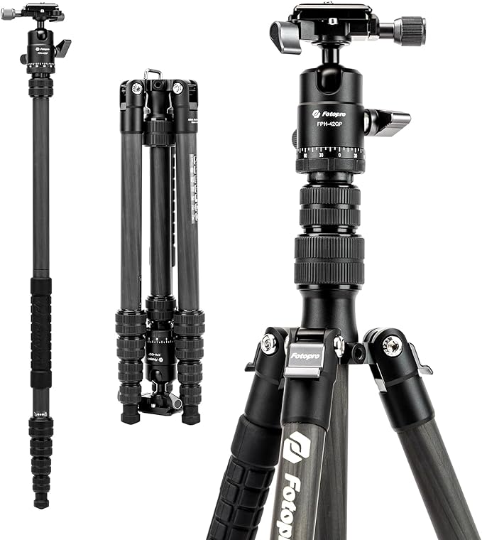 Fotopro 62" Carbon Fiber Travel Tripod, Lightweight Compact Camera Tripod with Ball Head and Arca-Swiss Quick Release Plate, Detachable Monopod with Carry Bag, Load up to 8KG/17.63lbs, Weights 0.98kg