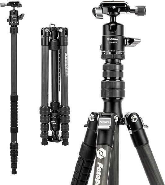 Fotopro 62" Carbon Fiber Travel Tripod, Lightweight Compact Camera Tripod with Ball Head and Arca-Swiss Quick Release Plate, Detachable Monopod with Carry Bag, Load up to 8KG/17.63lbs, Weights 0.98kg