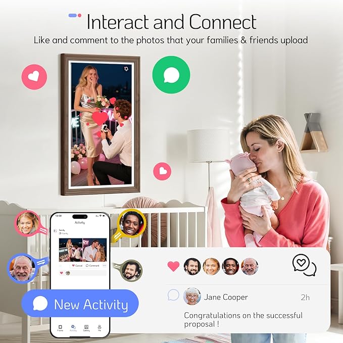 NexFoto Digital Picture Frame 27'' WiFi, FHD Touchscreen 1920 * 1080 with 64GB - Add Photos from Google Photos, Upload Videos, for Housewarming/Mom/Birthday (Walnut)