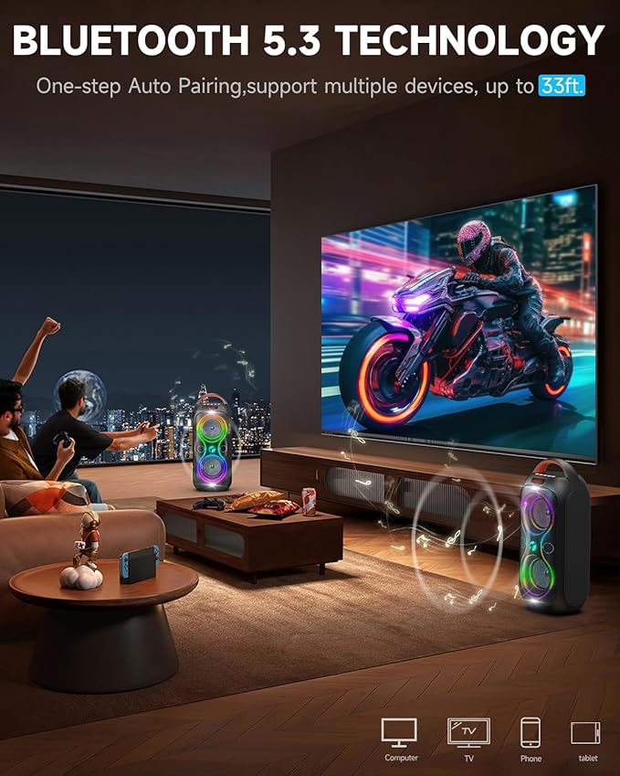 Bluetooth Speakers Wireless- 40W(Peak) 120dB Loud Sound, 8 LED Lights, Bluetooth 5.3, 6-8 Hours Playtime, Protable Handle, FM/USB & Mic Input, Large Portable Speaker for Party,Outdoor,Camping,Beach