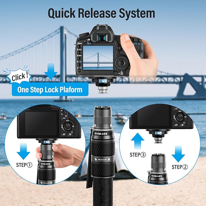 SIRUI SVM-145 Rapid Monopod with Feet, 57” Professional Carbon Fiber Camera Monopod, One-Step Rapid Height Adjustment, Modular 3 in 1, Max Load 22lbs