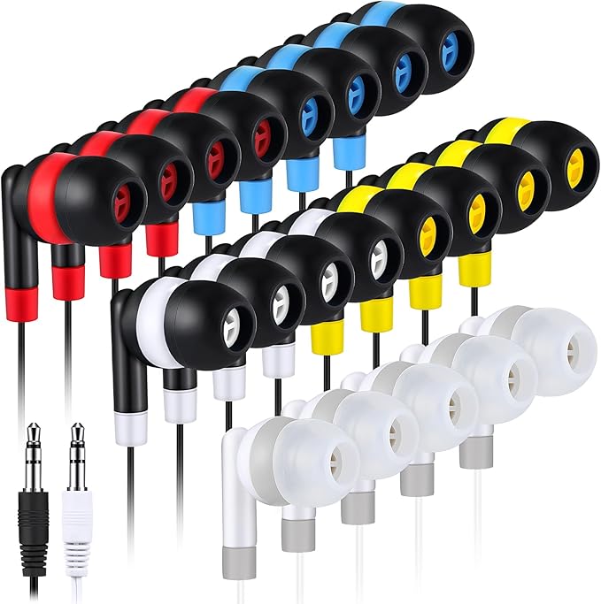 Kanayu 100 Pack Wired Earbuds Bulk for Classroom Ear Headphones Wired Basic Student Earbuds No Microphone with 3.5mm Jack for Kids Class Laptop School Library, Individually Bagged(Multicolor)