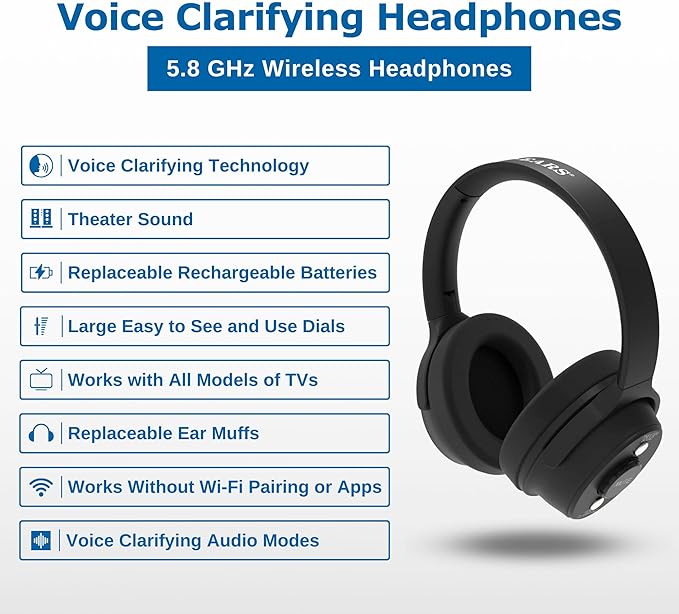 TV · EARS 5.8 GHz Wireless Headphones System for TV, Voice Clarifying for Listening & Watching Experience with Rechargeable Batteries, Adjustable Sound, Works with most TV Brands, Range up to 100 Feet