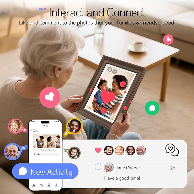 NexFoto 10.1 Inch Wood Digital Picture Frame Touchscreen, HD 1280x800 64GB WiFi Digital Frame, Add Photos from Google Photos, Share Videos via App/USB/Micro SD, Gift for Mom/Birthday (Walnut)