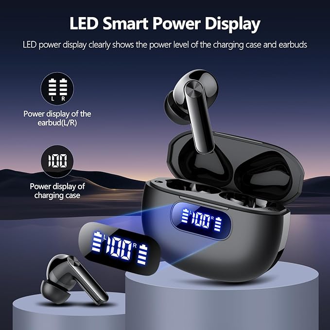 Wireless Earbuds, Bluetooth Earbuds with Bass Stereo Sound, Bluetooth 5.3 Headphones with LED Power Display 48Hours Playtime ENC Noise Cancelling Mic, in Ear Ear Buds IP7 Waterproof for Android iOS