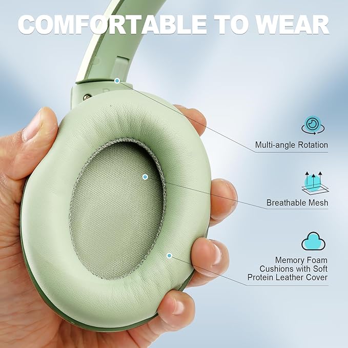 TUINYO Wireless Headphones - Noise Cancelling Over Ear Bluetooth Headphones with 60H Playtime, Deep Bass Hi-Fi Stereo Sound & Comfortable Earpads for Travel, Home and Office-Green…