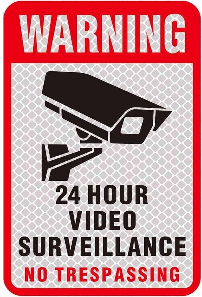 5 Pieces 24 Hours Video Recording Surveillance No Trespassing Sign Sticker. Self Adhesive 5.9 X 4 Inch, It Is Made of Reflective Film,Printed With UV Ink,Waterproof and Sunscreen, Not Fade.