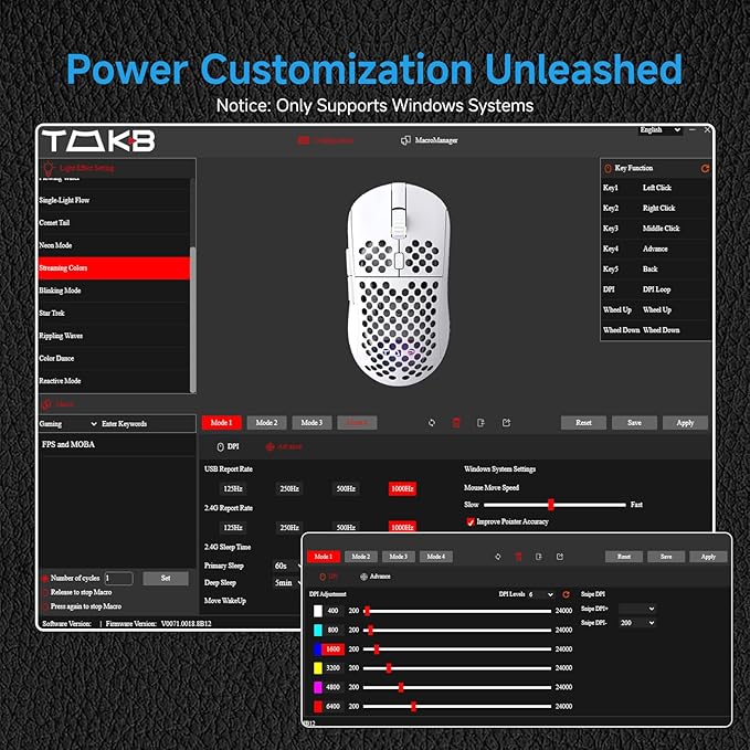 TMKB Falcon M1 Wireless Gaming Mouse, 24000DPI Optical Sensor, 180Hrs Battery, Lightweight, 6 Programmable Buttons, RGB Strip, 2.4G/BT5.2/USB-C Wired for PC/Mac/Laptop - Matte White