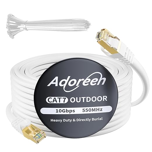 Adoreen Cat 6E Cat 7 Outdoor Ethernet Cable 75 FT White, High Speed Shielded Network Cable, S/FTP, POE, 26AWG OFC, Heavy-Duty Waterproof Direct Burial Cat 6A Internet Cable RJ45 LAN Cord+Ties-WH