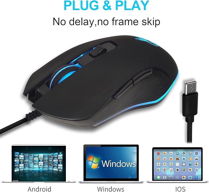 Wired USB C Gaming Mouse, Silent RGB Gaming Mice 7 Colors Backlit, 2400 DPI, Type C RGB Wired Mouse Gaming for Office Home PC and Notebook and All Type-C Device (Black)