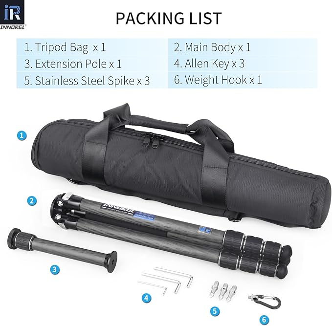 Carbon Fiber Tripod Monopod INNOREL KT254C Professional Portable Compact Travel Tripod for DSLR Camera Stand Support 1.01in/25.6mm Tube Load 33lb/15kg with Adjustable Extension Pole(Only Tripod)