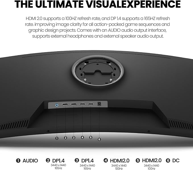 CRUA 34Inch Ultrawide Gaming Monitor, WQHD(3440 * 1440P) 144Hz/165Hz Curved Monitor,120% sRGB, Computer Monitor That Supports AMD Freesync, Wall Mountable Installs(HDMI, DP)-Black