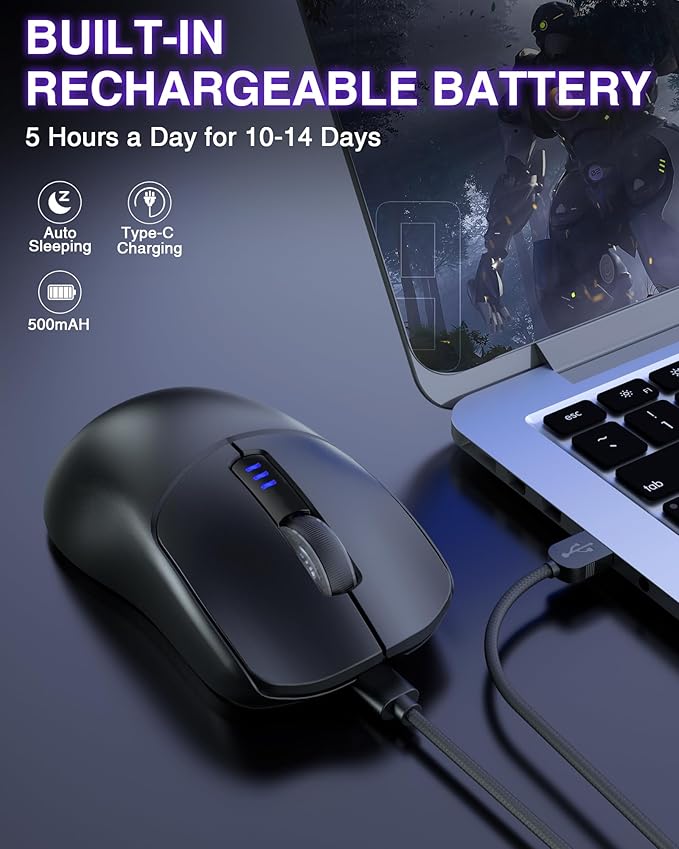 AULA SC580 Wireless Gaming Mouse, Tri-Mode 2.4G/BT5.0/USB-C Gaming Mouse, 12000 DPI Rechargeable Wireless Mouse with 6 Programmable Buttons, Ergonomic Computer Mouse for Laptop/PC/Mac/Tablet