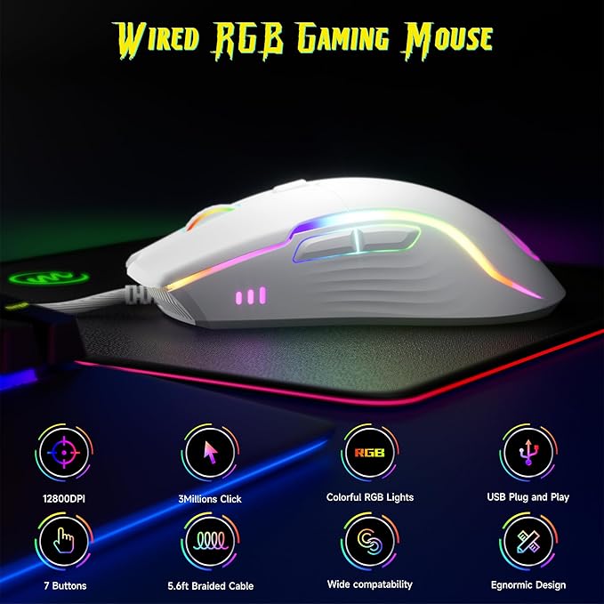 memzuoix Wired Gaming Mouse with RGB - 6 Adjustable DPI up to 12800, 6 Buttons, 12 Lighting Modes, Ergonomic Design with Anti-Slip Rubber Wheel, 5.6ft Braided Cable for PC/Mac/Windows - White