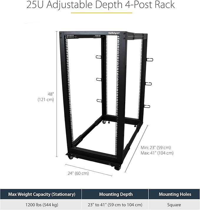StarTech.com 4-Post 25U Mobile Open Frame Server Rack and 8 Outlet Horizontal 1U Rack Mount PDU Power Strip Bundle