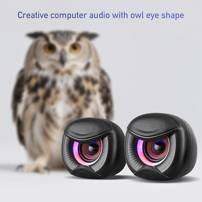 USB Computer Speakers for RGB Lighting, PC Speakers with a USB-C Interface are Suitable for Desktop Laptop Monitor, Owl Eye Design, Colorful Lights