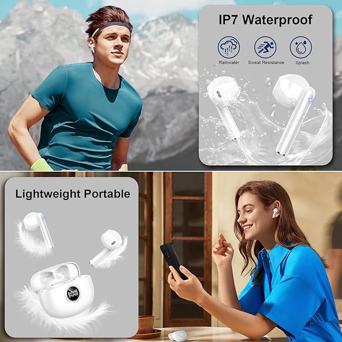 Wireless Earbuds, 2024 Bluetooth 5.3 Headphones HiFi Stereo Ear buds with ENC Noise Cancelling Mics, 40H Bluetooth Earbuds with Dual LED Display, IP7 Waterproof in Ear Earphones for Android iOS, White