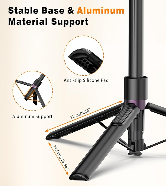 TONEOF 68" Magnetic Selfie Stick Tripod with Aluminum Strong Magnetic Holder for Magsafe, 360° Rotatable Travel Phone Tripod Stand with Metal Ring & Rechargeable Remote for iPhone/Android（Black）