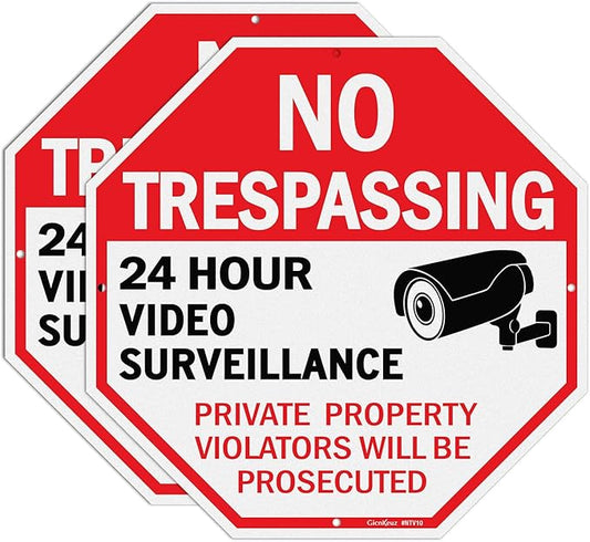 GicnKeuz Video Surveillance Sign, No Trespassing Signs Private Property Sign, 10x10 Inches Reflective Aluminum, Weather Resistant, Waterproof (2 pack)