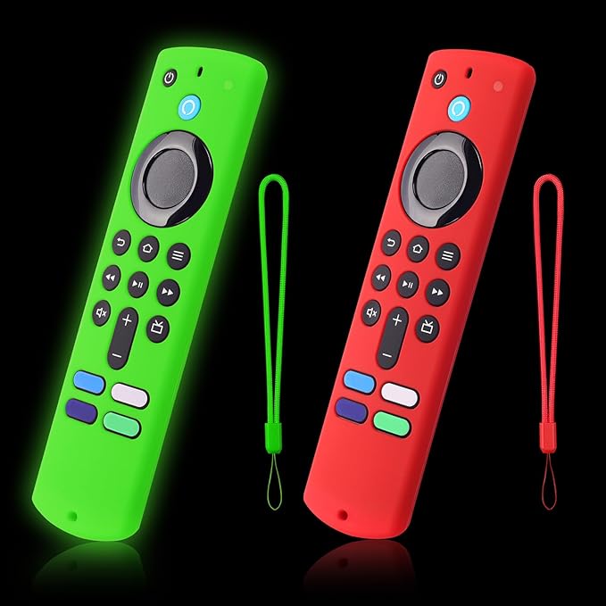 2 Pcs Glowing Remote Cover Compatible with Amazon Fire TV Stick, HD, 3rd Gen., 4K Remote Controller, Silicone Protective Case with Lanyard, Glowing Green + Red
