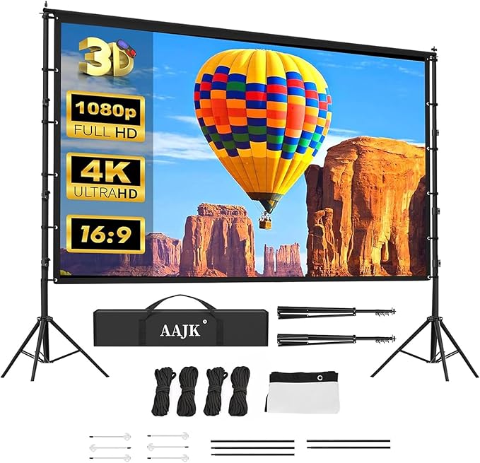 AAJK 150in Projector Screen with Stand,Portable 16:9 4K HD Indoor Outdoor Projection Screen with Wrinkle-Free Design, Ideal for Home Theater and Backyard Cinema – Includes Carry Bag