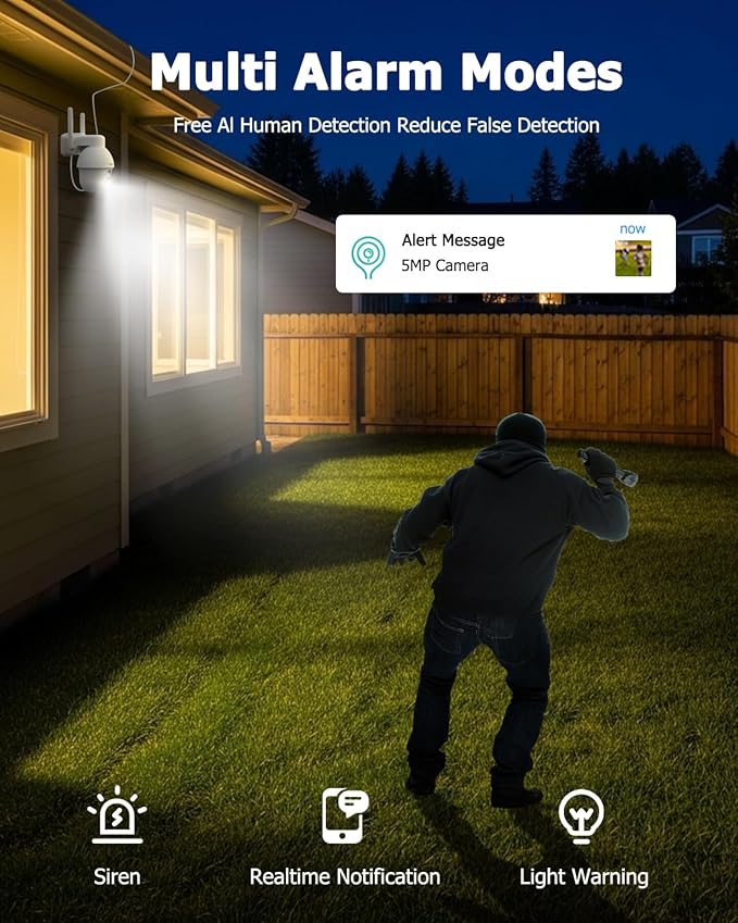 5MP Solar Security Camera Outdoor, Wireless Battery Powered Security Camera with 360°View, Pan and Tilt, Color Night Vision with Floodlight,PIR Human Detection,Compatible with Alexa