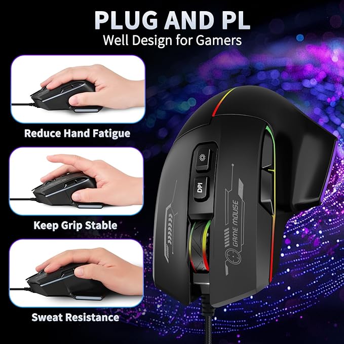 Gaming Mouse, Wired Gaming Mouse with RGB Backlit, 7200DPI Adjustable, PC Gaming Mice with 7 rogrammable Macro Buttonsg, Ergonomic Mouse Gamer for PC, Desktop, Mac，Laptop, Chromebook.