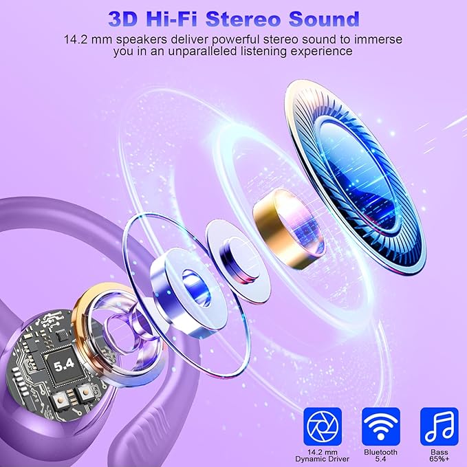 Wireless Earbuds Sport, 2025 Bluetooth 5.4 Headphones with Earhooks, 50H Stereo Deep Bass Over Ear Buds with 4 ENC Noise Canceling Mics, IP7 Waterproof Earphones for Running Workout Gym -Purple