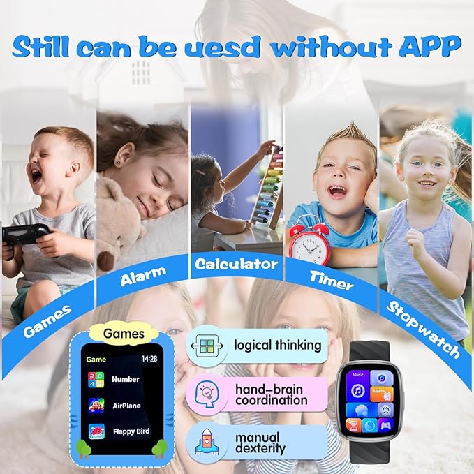 Smart Watch for Kids Fitness Activity Tracker for Boys Girls, Waterproof, Puzzle Games, Alarm Music, Sport Mode, Heart Rate, Sleep, Pedometer, Children Smartwatch Birthday Gift for Teens, Black