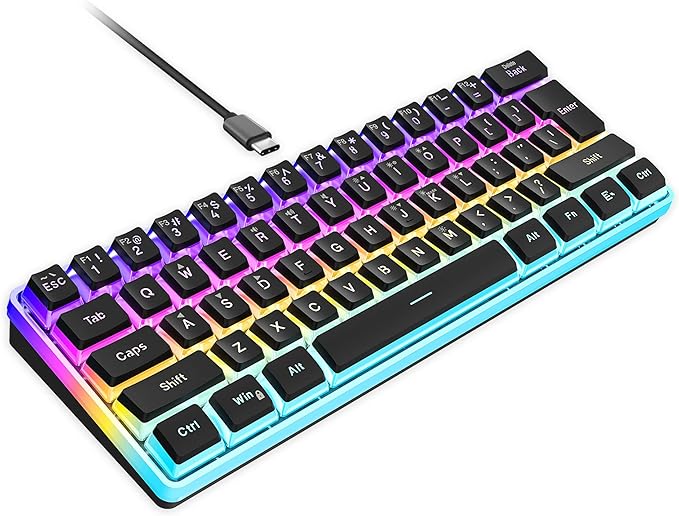 Snpurdiri 60% Wired Gaming Keyboard, Pudding Keycaps with Translucent Layer,RGB Ultra-Compact Mini Keyboards, Waterproof Small 61 Keys Keyboard for Office/Gaming(Black)