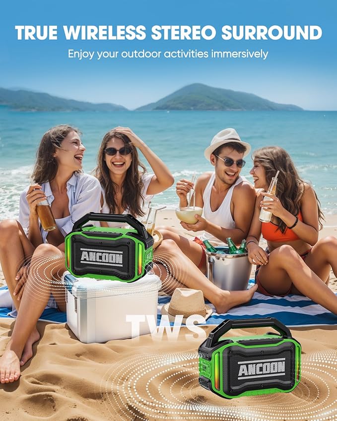 Speakers Bluetooth Wireless: 80W(Peak) Loud Speaker with Bass, 20H Playtime, IPX6 Waterproof, Large Jobsite Speakers for Work, Outdoor, Workshop, Garage, Portable Speaker with TWS (Green)