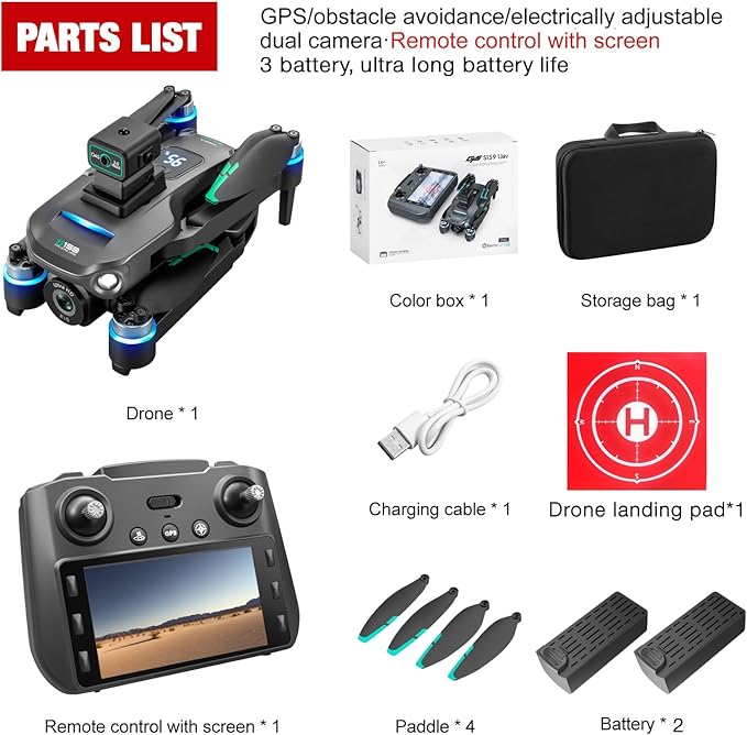 Drone with Camera 4k, GPS HD Drones for Adults, Remote Controller with Screen, Obstacle Avoidance, Brushless Motor FPV, 5G Transmission, 2 Battery, Professional (2 Battery+Black)