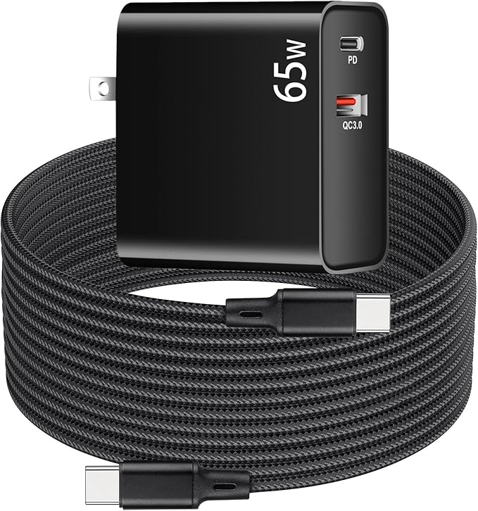 PD 65W USB C Super Fast VR Charger Compatible with Meta Oculus Quest 3s, Quest 3 2 - Dual Port USB + Type C Adapter with 6.6ft C to C Charging Cable for Pico 4 Ultra VR Headsets, Black