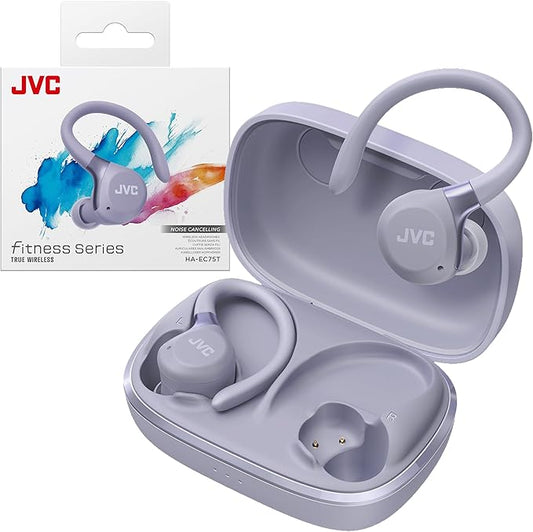 JVC Fitness Series True Wireless Sport Earbuds with Adjustable Hooks, Active Noise Cancelling, Ambient Sound Mode, IP57 Waterproof, 40hr Long Battery Life, App EQ, Low Latency, Mic HAEC75TV Violet