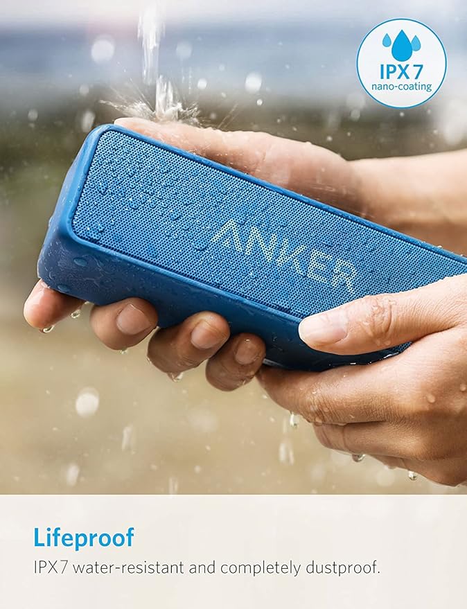Anker Soundcore 2 12W Portable, Wireless Bluetooth Speaker with Better Bass, 24-Hour Playtime, 66ft Bluetooth Range, IPX7 Water Resistance, Built-in Mic, Ideal for Shower, Travel, Party, Beach - Blue
