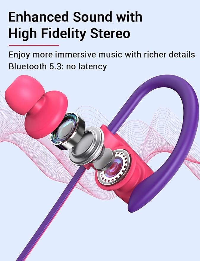 Stiive Bluetooth Headphones, 5.3 Wireless Sports Earbuds IPX7 Waterproof with Mic, Stereo Sweatproof in-Ear Earphones, Noise Cancelling Headsets for Gym Running Workout, 16 Hours Playtime - RedPurple