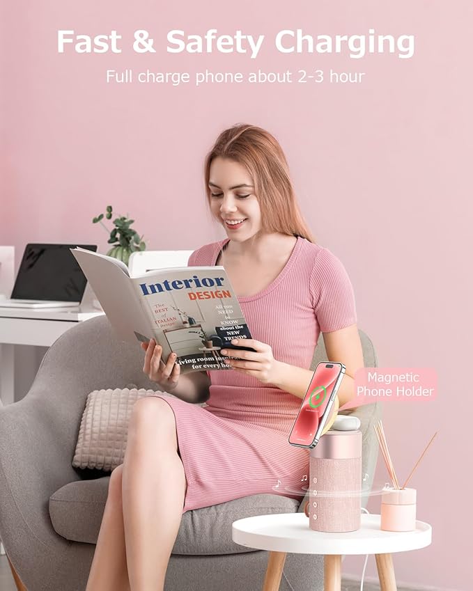 COLSUR Bluetooth Speaker, Magnetic Wireless Charger, Bluetooth Speakers with Night Light, 2 in 1 Wireless Charging Station for iPhone 16/15/14/13/12 Series, AirPods Pro/3/2（Gift Ideal） (Pink)