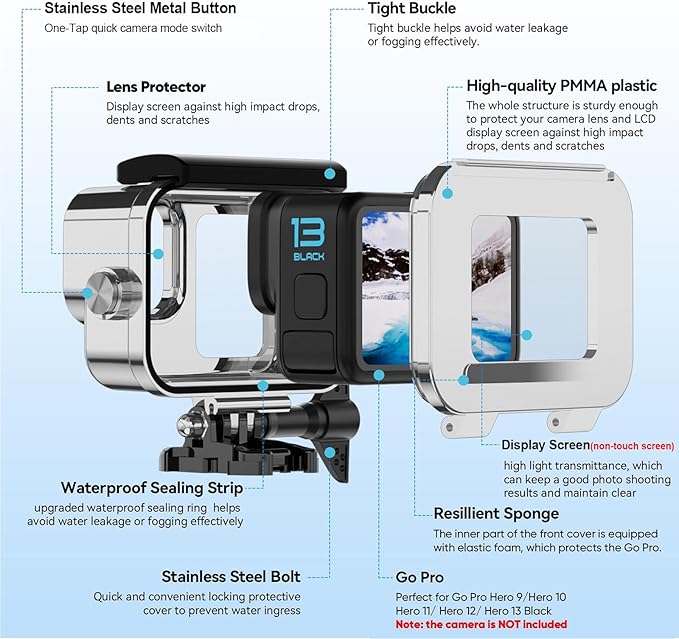 BO&DQQ Protective Waterproof Case Compatible for Go Pro Hero 13 12 11 10 9 Black, 60M/196FT Underwater Diving Housing Shell Accessories Kit