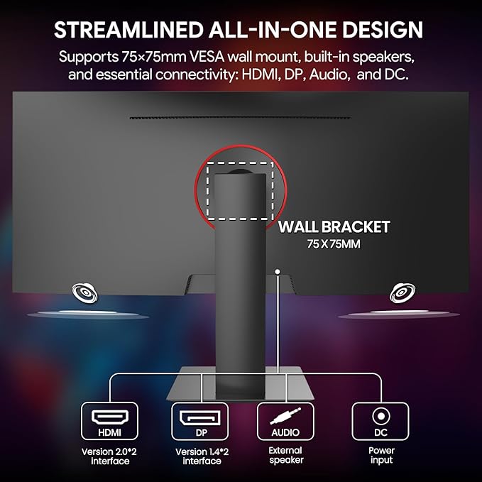 CRUA 34" Gaming Monitor, IPS WQHD(3440×1440P) 144Hz/165Hz Computer Monitor, 21:9 UltraWide Screen, 380cd/m², 120% sRGB, Support AMD FreeSync, Height Adjustable and with Speakers, Wall Mountable-Black