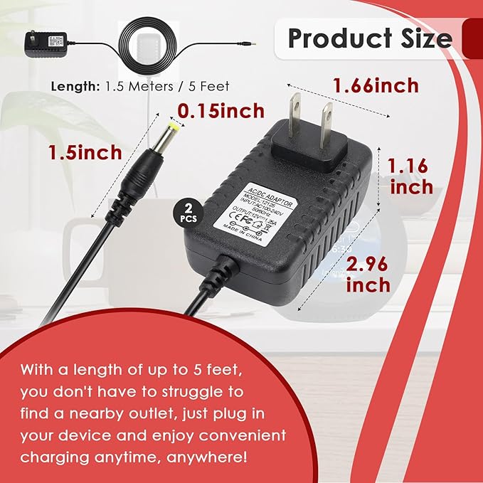 2 Pcs Power Cord for Alexa Dot 3rd / 4th / 5th Gen 2022, Echo Show Black Charger Cable - 1.5M Long Power Adapter