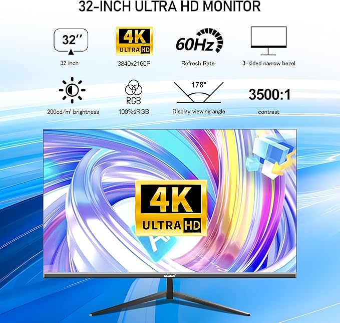 32 Inch 4K UHD Computer Monitor, Ultra-Clear (3840×2160p) Screen, 100% sRGB,178° Viewing Angle, Display Port、HDMI, Compatible with Wall mounting 100 * 100MM - Black