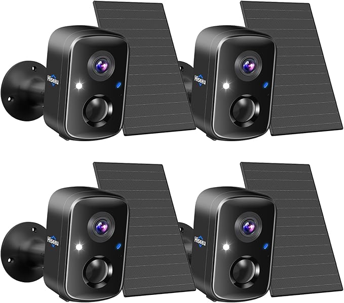 Hiseeu Security Cameras Wireless Outdoor, 4pcs Solar Powered 3K 4MP Surveillance WiFi Cameras for Home Security Outside, PIR/AI Motion Detection, Waterproof, Color Night Vision, 2-Way Audio, Black