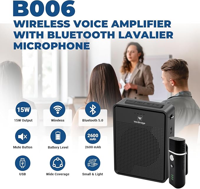 Wireless Voice Amplifier with Bluetooth Lavalier Microphone, Professional Noise Reduction Portable Microphone with Speaker, Mini Megaphone with Clip on/Lapel Mic for Teachers Classroom Tour Guide B006