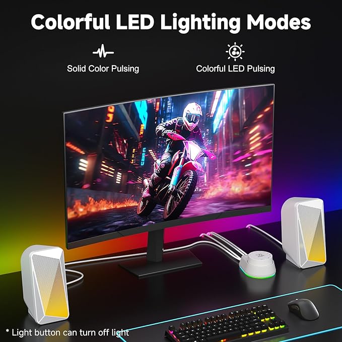 SOULION C30 Bluetooth Computer Speakers, 2.0 PC Speakers USB Powered & 3.5mm Aux Speaker with Easy-Control Pod, Pulsing & LED Flame Lights, Desktop Speaker for Monitor Laptop - White