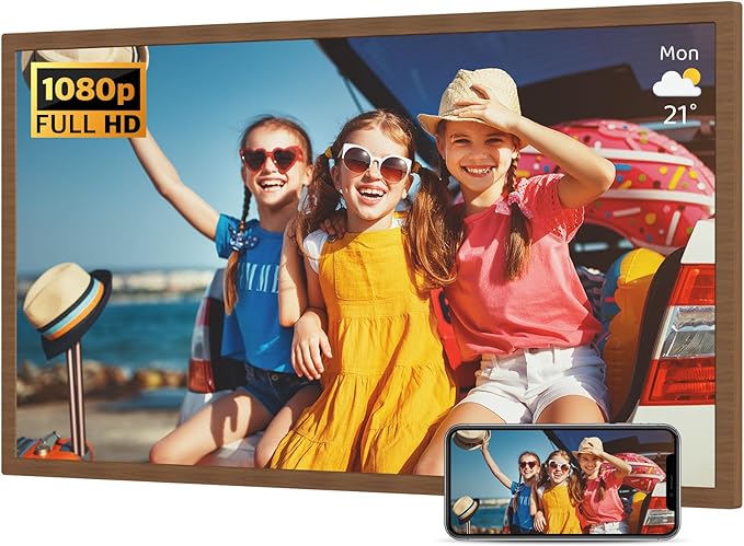 Extra-Large Digital Picture Frame 32"-Wood-Frame - Dual-WiFi 1920x1080 FHD IPS Load Photo Video from Phone via APP Email, Wall Mounted for Home Decoration Wood Grain Design, Gifts for Mom Dad Family