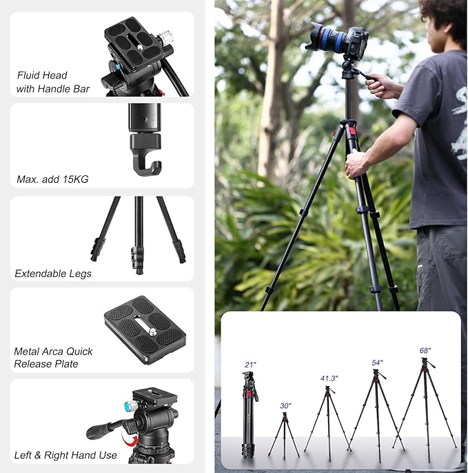 Travel Tripod, 68" Camera Fluid Tripod Lightweight Aluminum Portable for DSLR/SLR Cameras, Video Camcorders, Action Cameras, Phones, Telescopes...11lbs (TM66-FB1)