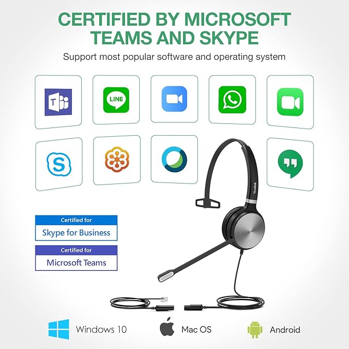 Yealink Phone Headsets for Office Phones YHS36 QD to RJ9 Wired Headset Compatible with Cisco Desk Phones 8800/7800/7900/6945 Series Landline Telephone Headset with Microphone -Mono/124g/2.1m Cable