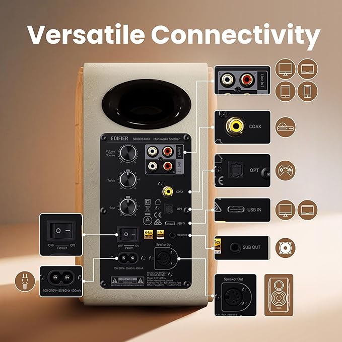 Edifier Active Bookshelf Speakers, 2.0 Computer Hi-Fi Speaker System, 88W RMS Hi-Res Audio with LDAC Bluetooth USB-C Optical Coaxial RCA Input Subwoofer Output for Record Player TV, Pair - White